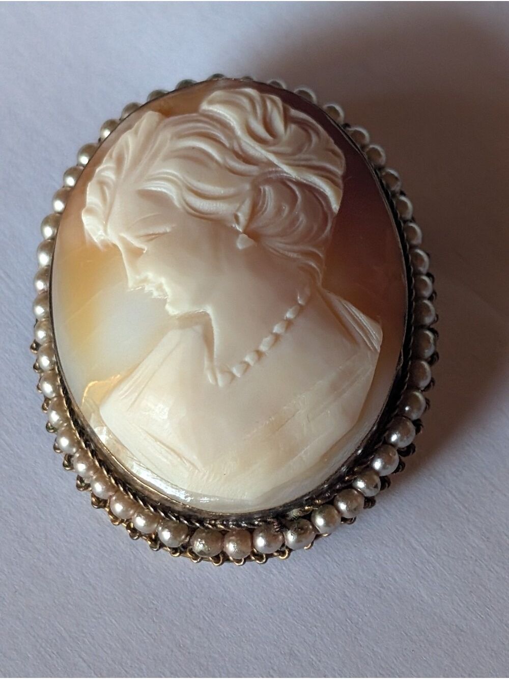 Vintage Antique Shell Cameo Brooch Pendant Left Facing Profile Portrait